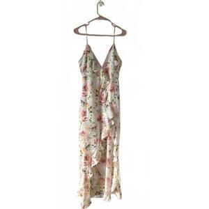 Dress Forum Floral Ruffle Maxi Dress S‎ White Pink Satin Slip Boho Pre-Owned